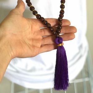 Handmade Wood Mala Necklace With Purple Tassel